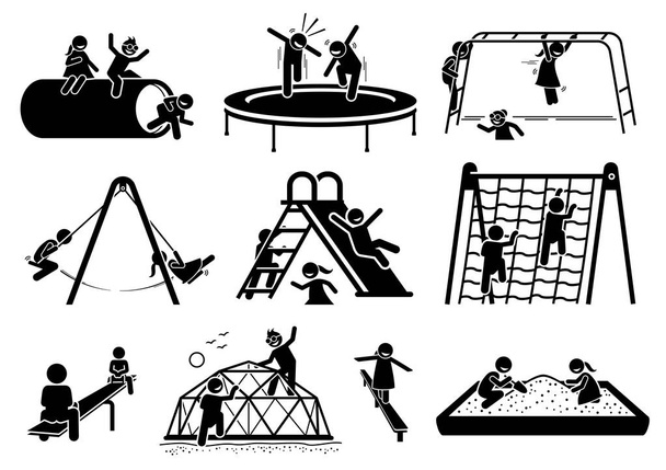 Aktive Kinder spielen auf dem Spielplatz Strichmännchen-Ikonen. Vektor-Illustrationen von Kindern, die Trampolin, Affenstange, Schaukel, Rutsche, Kletternetz, Wippe, Tunnel und Sandkasten spielen. - Vektor, Bild