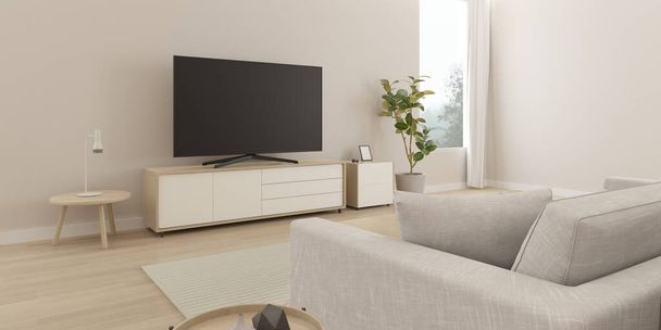 Rendering 3D del moderno soggiorno con schermo TV e divano su sfondo naturale. - Foto, immagini
