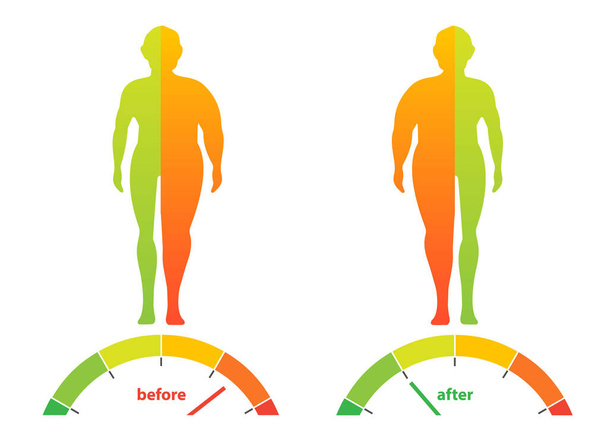 Concepto de pérdida de peso. Índice de masa corporal. IMC. Antes y después de la dieta y la aptitud. Cuerpo con diferente peso. Estilo de vida saludable. - Vector, Imagen