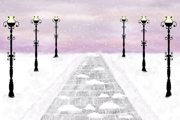 Piękna, śnieżna uliczka ze światłami ulicznymi. Sztuka cyfrowa. - Zdjęcie, obraz