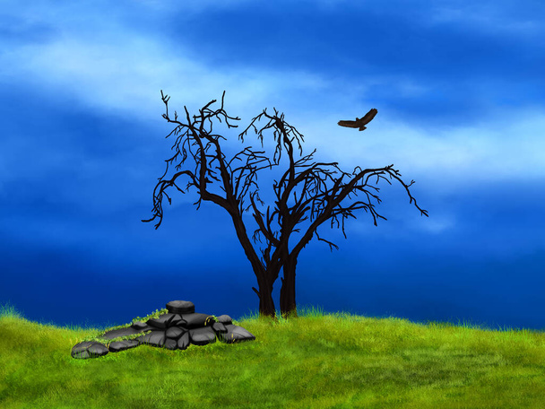 Digitaal kunstwerk. Droge boom tegen de diepblauwe lucht. Groen vers gras, droge boom, blauwe lucht en valk. Prachtig landschap. - Foto, afbeelding