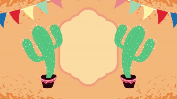 animation de célébration mexicaine avec des plantes de cactus et des guirlandes - Séquence, vidéo