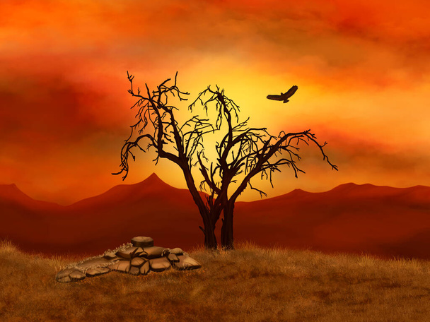 Droge bomen en valk op een achtergrond van rode zonsondergang. Digitale kunst. - Foto, afbeelding
