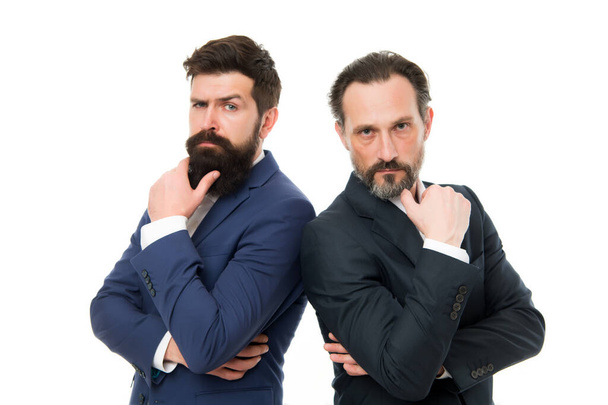 Brainstorming. Serious businessmen isolated on white. Business partners with serious look. Bearded men think with serious faces. Serious and thoughtful - Foto, Imagem