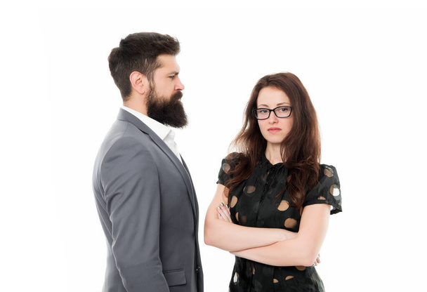 Nothing personal just business. Couple colleagues man with beard and pretty woman on white background. Business partners leadership and cooperation balance. Office job and business. Business concept - Photo, Image