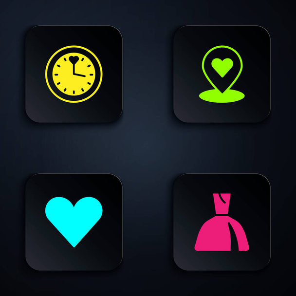 Set Woman dress, Clock, Heart and Location with heart. Black square button. Vector. - Vector, Image