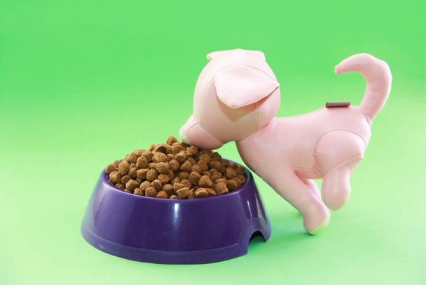 száraz kisállat élelmiszer és rózsaszín kutya játék - Fotó, kép
