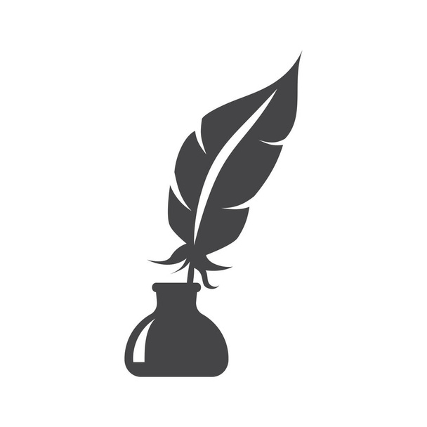 Pluma de pájaro en icono de vector negro de tintero. Pluma de pluma en soporte de tinta o símbolo de glifo bien. - Vector, imagen