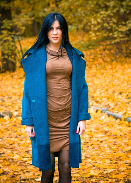 Sonbahar mavisi büyük montlu güzel bir kadının portresi. Esmer moda kadını, sonbahar manzarasına karşı yürüyordu. Zarif bir kadının moda fotoğrafıydı.   - Fotoğraf, Görsel
