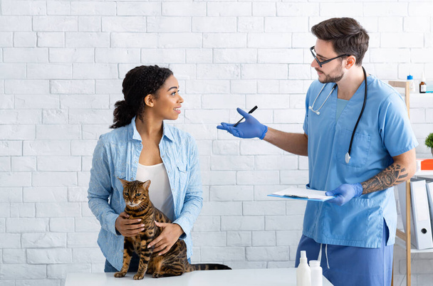Cat owner with pet communicating to male veterinarian at medical office - 写真・画像