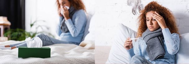 Collage de mujer enferma usando servilleta y sosteniendo el termómetro en el dormitorio  - Foto, imagen