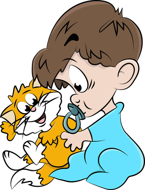 Baby jongen spelen met zijn kat vriend cartoon vector illustratie - Vector, afbeelding