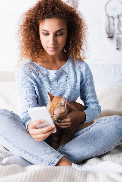 Selective focus of curly woman using smartphone near ginger cat in bedroom  - Fotó, kép