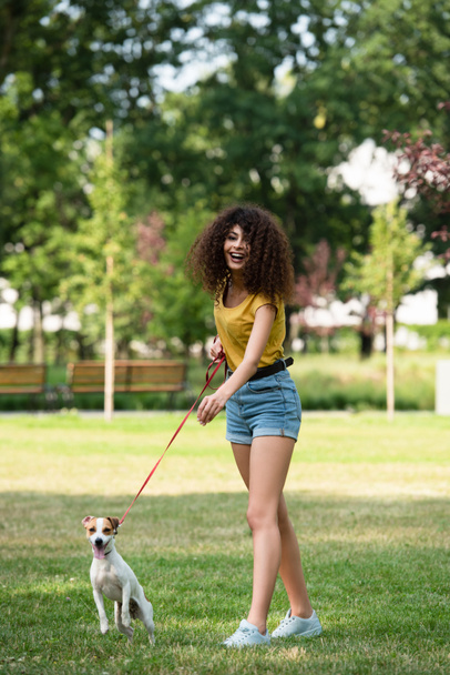 Επιλεκτική εστίαση της νεαρής γυναίκας κοιτάζοντας μακριά και κρατώντας το σκυλί με λουρί - Φωτογραφία, εικόνα