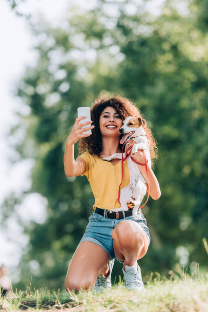 взволнованная женщина в летнем наряде, держащая в руках Джека Рассела терьера, делая селфи на смартфоне в парке - Фото, изображение