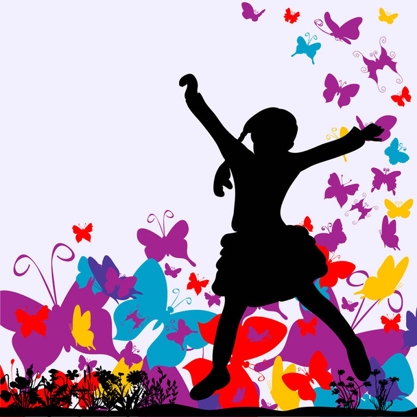 Vektori siluetti pieni tyttö hyppäämällä taustalla perhosia - Vektori, kuva