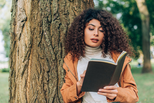 Selective focus of curly woman holding notebook near tree in park  - Foto, Imagen