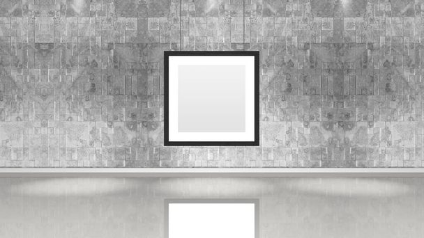 Művészetek Múzeumának fala egy négyzet alakú kerettel. Vízszintes kép. Ipari stílusú modern múzeum. 3D renderelés. - Fotó, kép