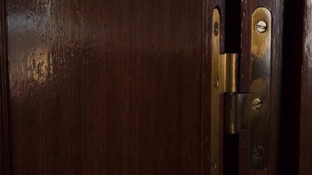 Bisagra de bronce viejo en una puerta de madera oscura. Primer plano de apertura lenta - Metraje, vídeo