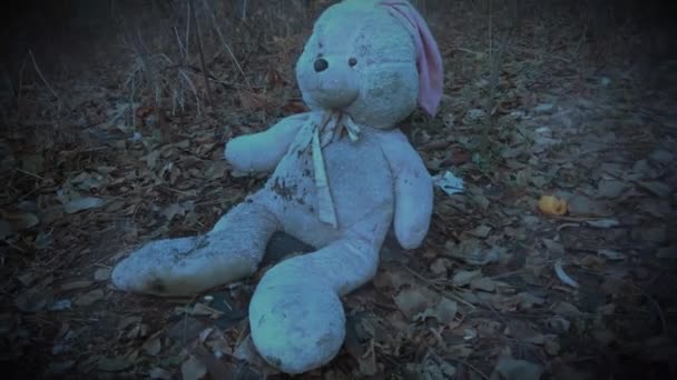 Lonely olvidado juguete de peluche abandonado conejito-conejo en el bosque cubierto de hojas de otoño. (concepto: depresión, soledad) - Metraje, vídeo