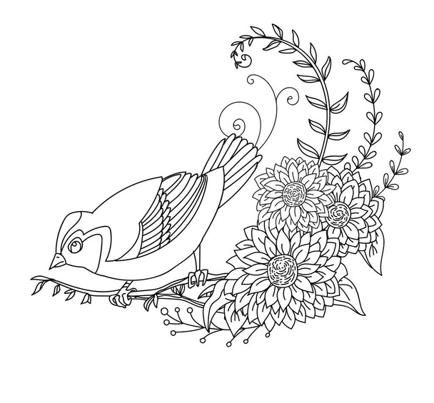 Black contour cute illustration bird and flowers. Vector line art illustration isolated on white. Vector hand drawn monochrome image for coloring book, wedding invitation, design, print, t shirt, home decor. - Vettoriali, immagini