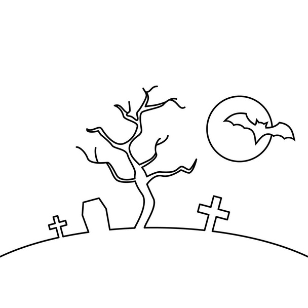 Τρομακτικό δέντρο του Χάλογουιν. Απόκριες σκηνή με φεγγάρι, νυχτερίδα και νεκροταφείο. Τρομακτικός λόφος τη νύχτα. Σκίτσα καλλιτεχνικών γραμμών. Καλή ιδέα Χάλογουιν. Μαύρο περίγραμμα σε λευκό φόντο. Εικονογράφηση διάνυσμα, επίπεδη, τέχνη κλιπ - Διάνυσμα, εικόνα