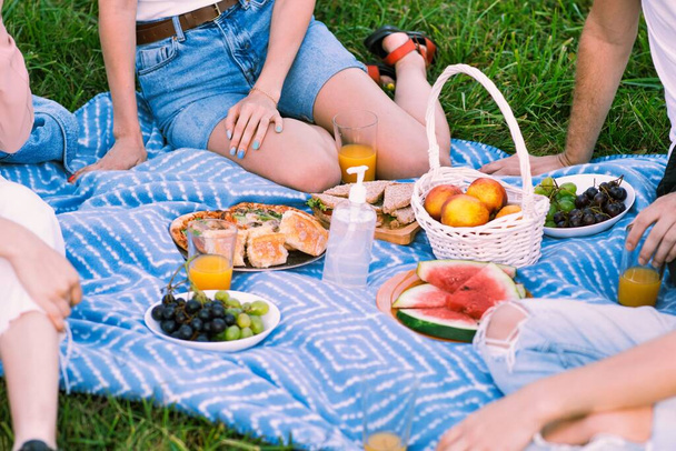 Grupo de amigos en manta de picnic con golosinas y desinfectante, en un parque durante la pandemia en Chisinau, Moldavia - Foto, Imagen