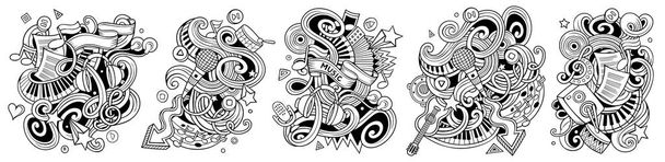Musik Cartoon Raster Doodle Designs Set. Skizzenhafte Detailkompositionen mit vielen musikalischen Objekten und Symbolen. Isoliert auf weißen Illustrationen - Foto, Bild