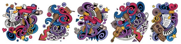 Musik Cartoon Raster Doodle Designs Set. Farbenfrohe Detailkompositionen mit vielen musikalischen Objekten und Symbolen. Isoliert auf weißen Illustrationen - Foto, Bild