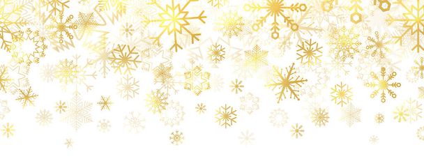 Gold snowflakes on white background. Golden snowflakes border with different ornaments. Luxury Christmas banner. Winter ornament for packaging, cards, invitations. Vector illustration. - Vektor, obrázek