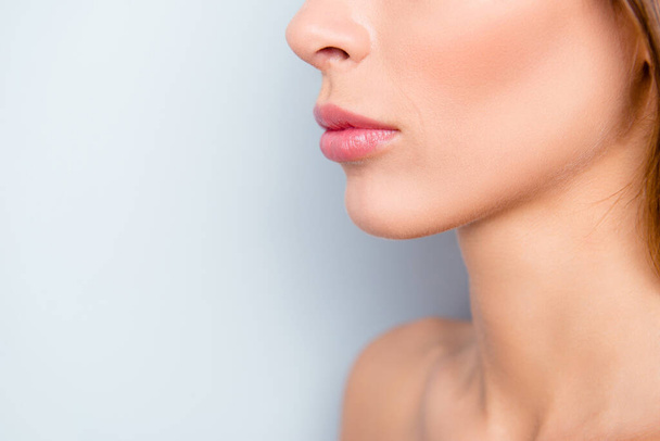 Cropped close-up portrait of attractive lady with perfect lips form shape curves flawless pure shine clean clear skin trend professional filler isolated over light gray background - Foto, Bild