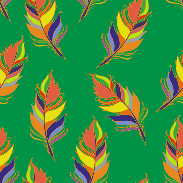 Bright feather print. Green background. Summer Seamless pattern. Colorful Vector illustration - Вектор, зображення