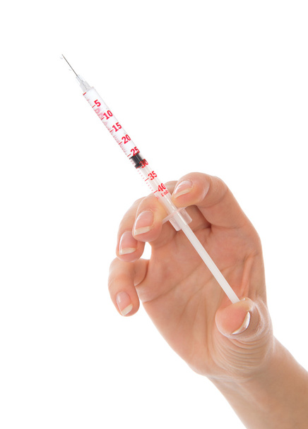 hand with medical insulin syringe ready for injection - Фото, зображення