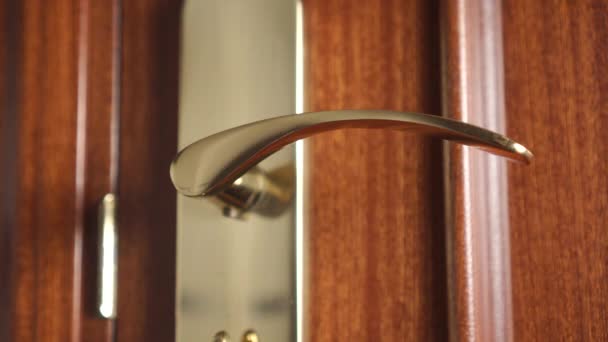 Close-up of a man turns a bronze doorknob, unlocks the lock and opens the door - Video, Çekim