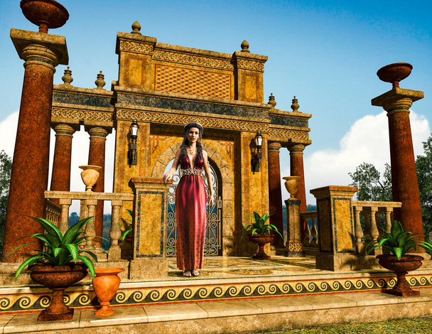 Beautiful woman, dressed in greco roman fashion, standing in front of an antique garden balustrade entrance, 3d render illustration - Photo, Image