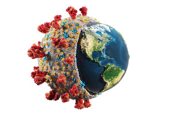 Coronavirus Covid-19 aiheuttaa pandemiaa ympäri maailmaa. Käsitteellinen 3D-kuva Covid-koronaviruksen solusta absorboimassa maata. - Valokuva, kuva