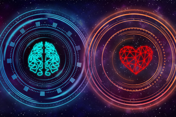 Сердце и мозг. Цифровой интерфейс. Звёздное небо на заднем плане - Фото, изображение
