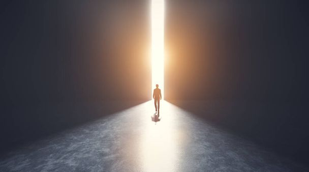 Empresario caminando hacia una gran puerta abierta de luz. Concepto de esperanza, nuevo mundo mejor, futuro brillante. Ilustración 3D - Foto, imagen
