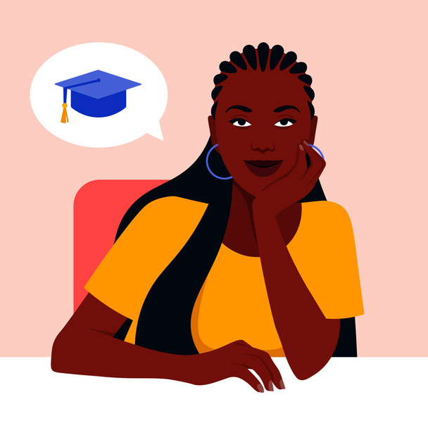 An African girl sits at a table and dreams about studying at the university. Vector flat illustration - Vector, Image