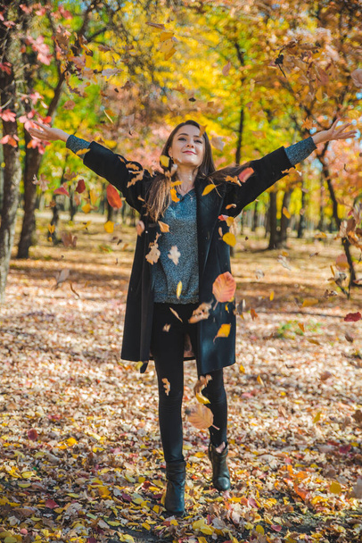 mladá hezká žena hraje se žlutými podzimními listy v městském parku - Fotografie, Obrázek
