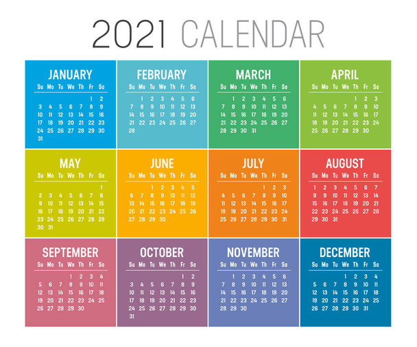 Año colorido 2021 calendario aislado sobre fondo blanco. La semana comienza el domingo. Plantilla vectorial. - Vector, imagen