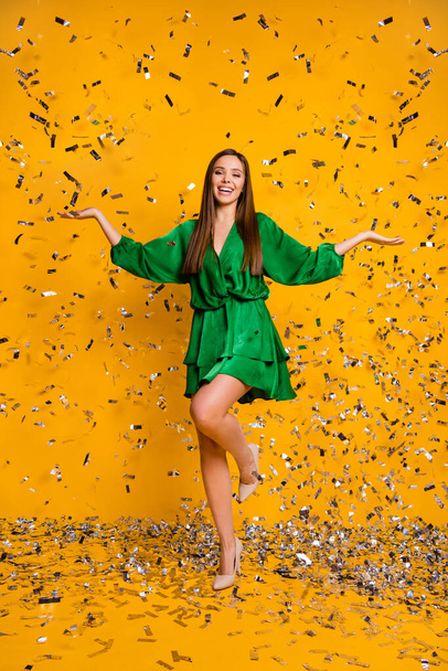Vertical full length body size view of nice attractive gorgeous charming fascinating cheery straight-haired girl having fun posing isolated bright vivid shine vibrant yellow color background - Foto, immagini