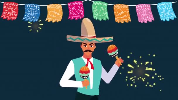 mexico celebration animation with mariachi playing maracas and garlands - Кадри, відео