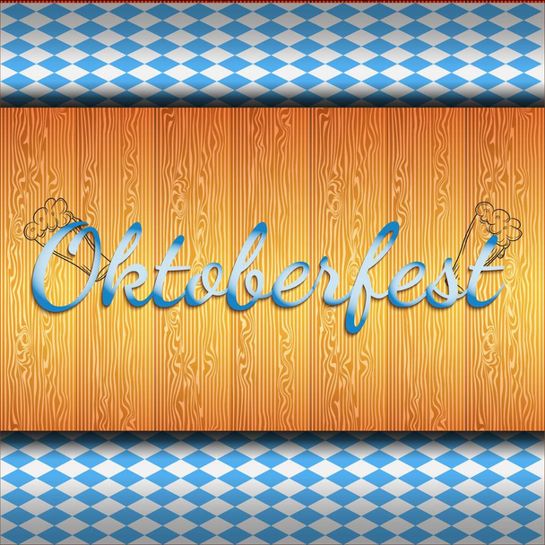 La corona del Oktoberfest presenta un patrón a cuadros azul y blanco y un texto del Oktoberfest con una cinta sobre un fondo de madera. El telón de fondo del Oktoberfest celebra en un estilo moderno y actualizado - Vector, imagen