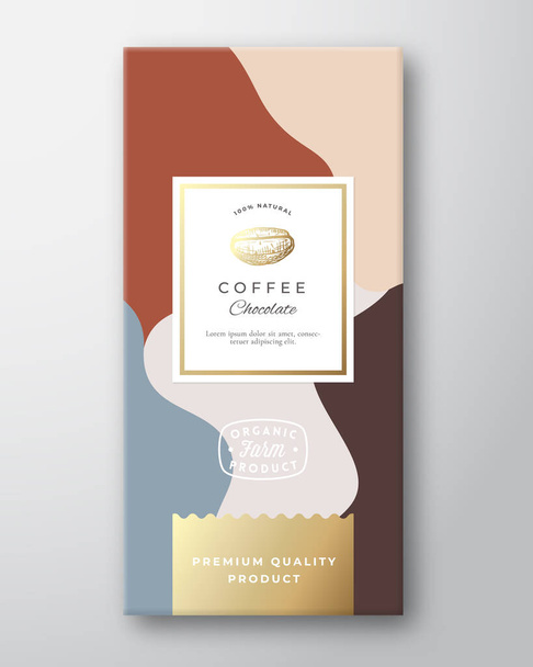 Coffee Chocolate Label. Abstract Vector Packaging Design Layout with Soft Realistic Shadows. Modern Typography, Hand Drawn Coffee Bean Silhouette and Colorful Background. - Вектор, зображення