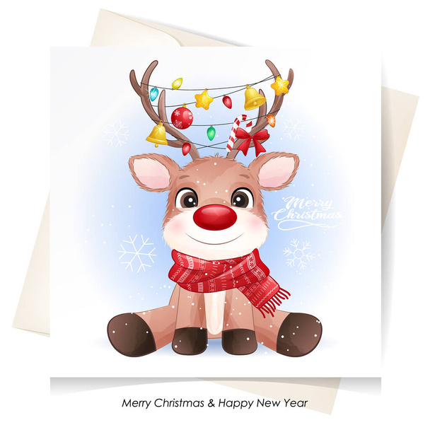 Cervo doodle bonito para o Natal com ilustração aquarela - Vetor, Imagem