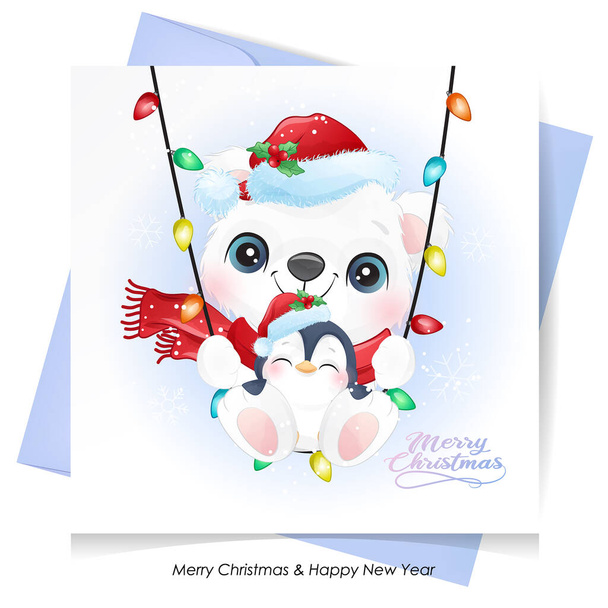 Cute doodle niedźwiedź i pingwin na Boże Narodzenie z akwarela ilustracja - Wektor, obraz