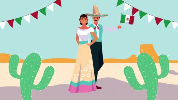 mexico celebration animation with mexican pair and garlands in the camp - Кадри, відео