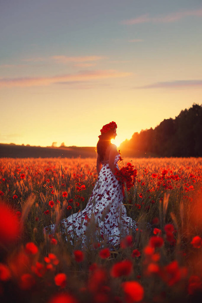 Kaunis nuori tyttö pitkässä mekossa seisoo unikkopellolla. Siluetti auringonlasku kuva - Valokuva, kuva