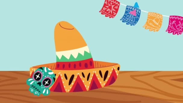 Mexico celebration animation з пофарбованою головою черепа і мексиканським капелюхом - Кадри, відео